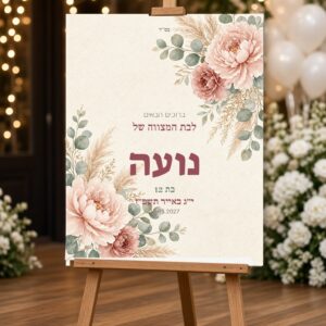 Alternative view of שלט כניסה לבת מצווה על קאפה בעיצוב אישי – בוהו פרחוני