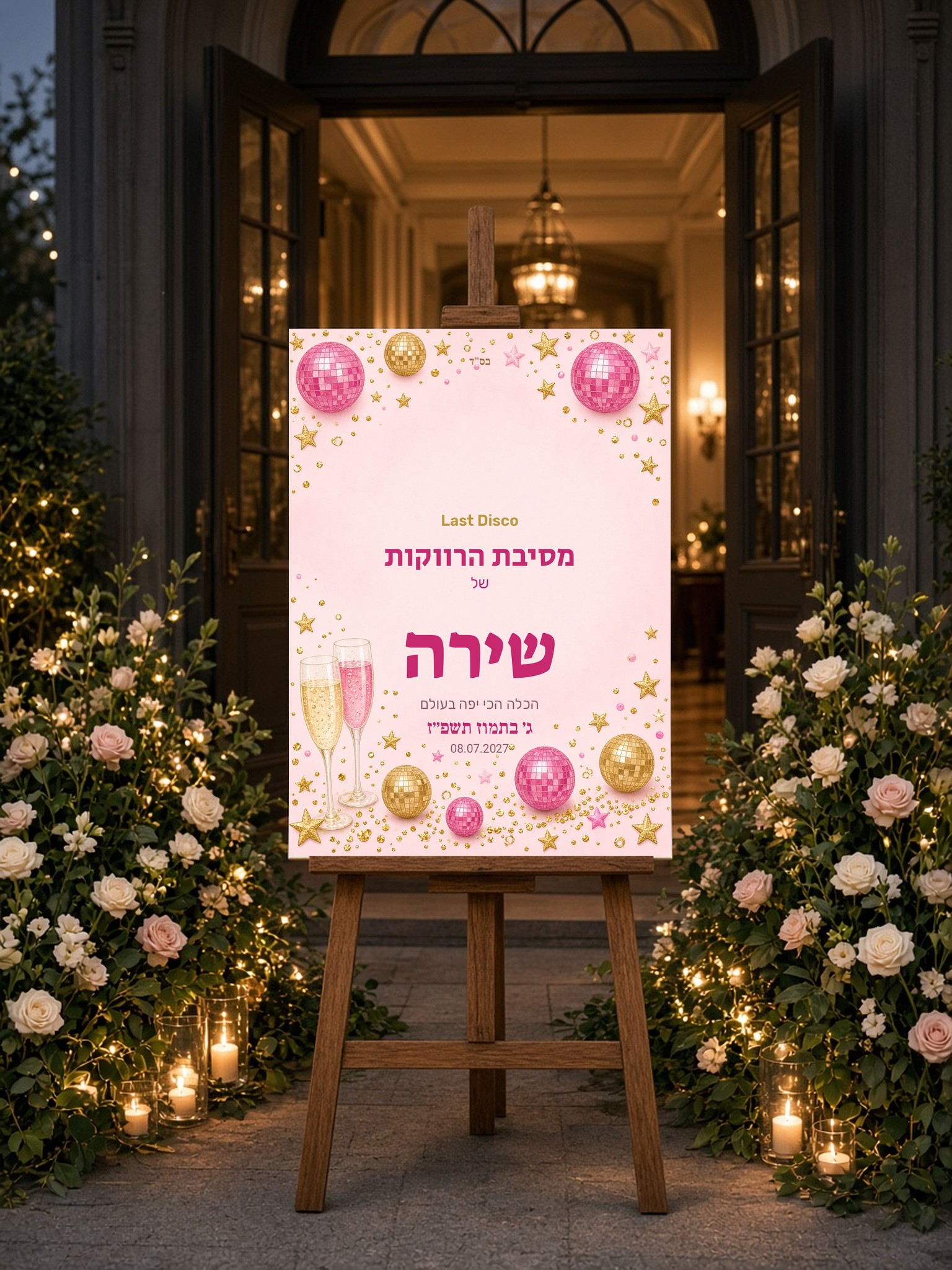 שלט כניסה למסיבת רווקות על קאפה בעיצוב אישי – דיסקו ורוד – תמונה 3