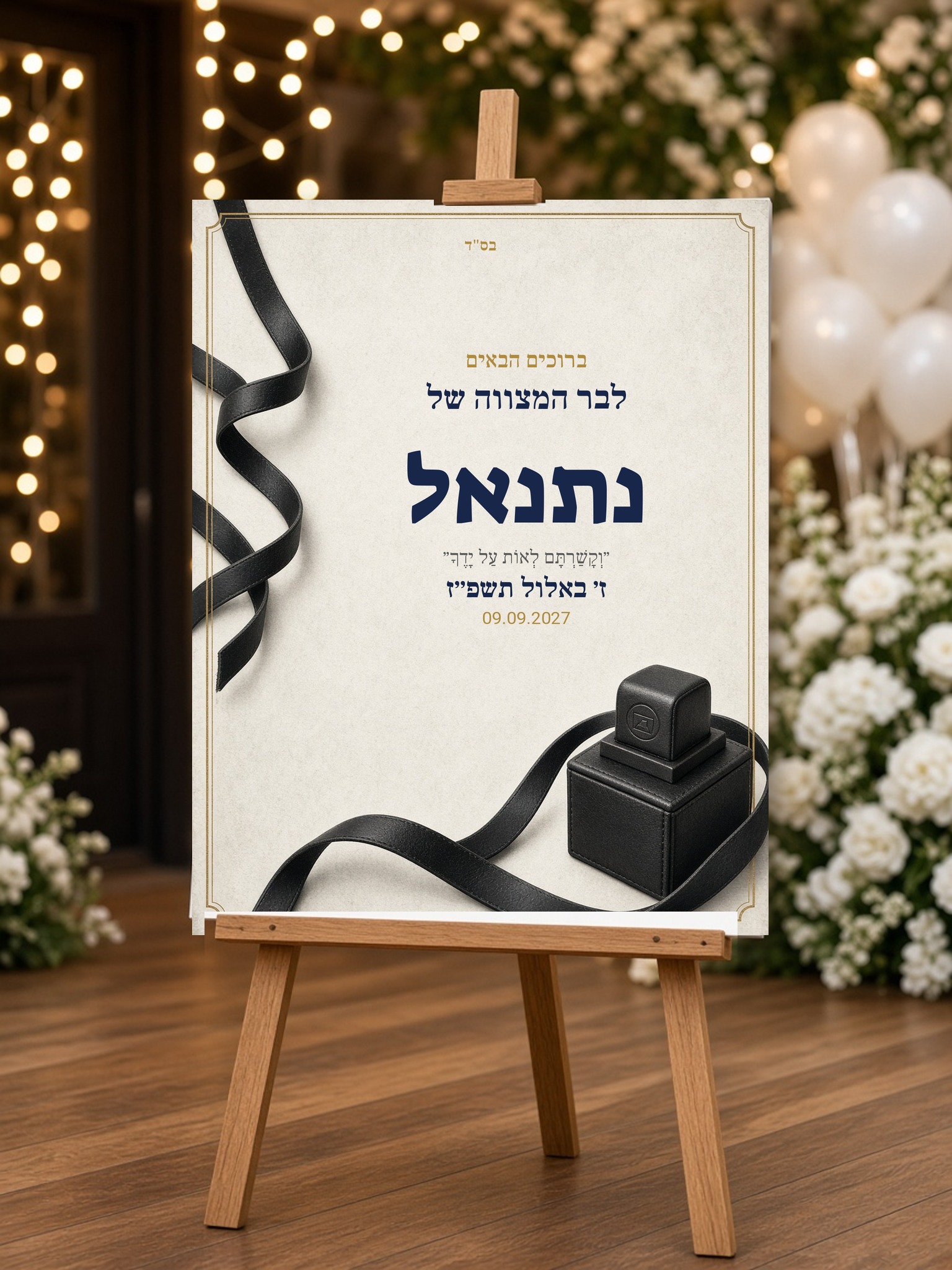 שלט כניסה לבר מצווה על קאפה בעיצוב אישי – הנחת תפילין – תמונה 2