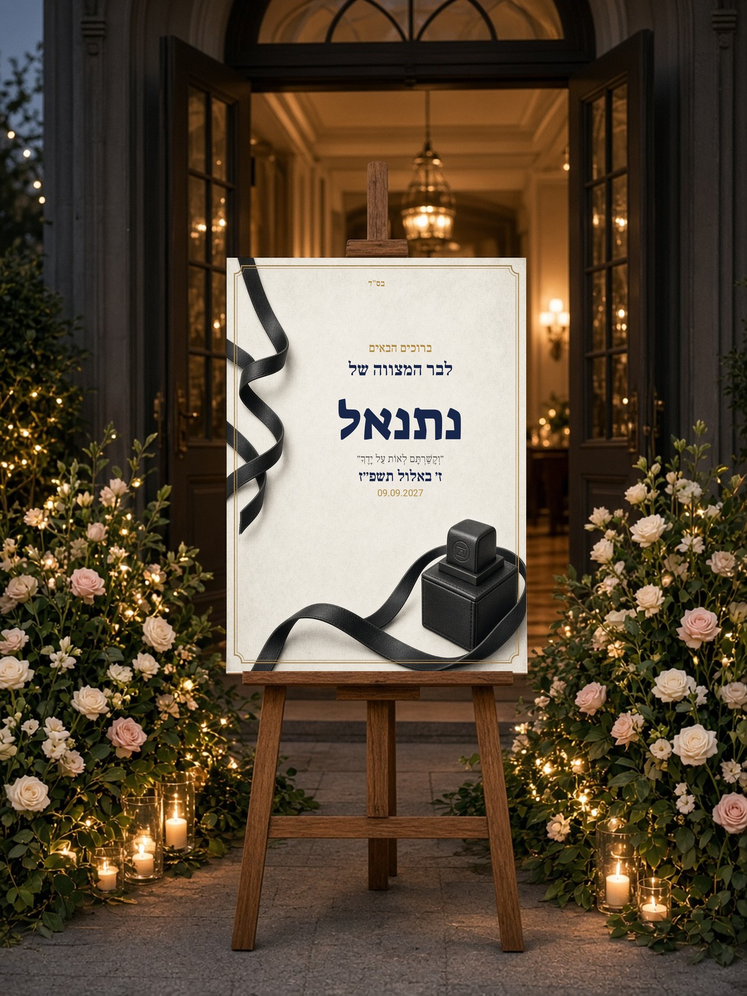 שלט כניסה לבר מצווה על קאפה בעיצוב אישי – הנחת תפילין – תמונה 3