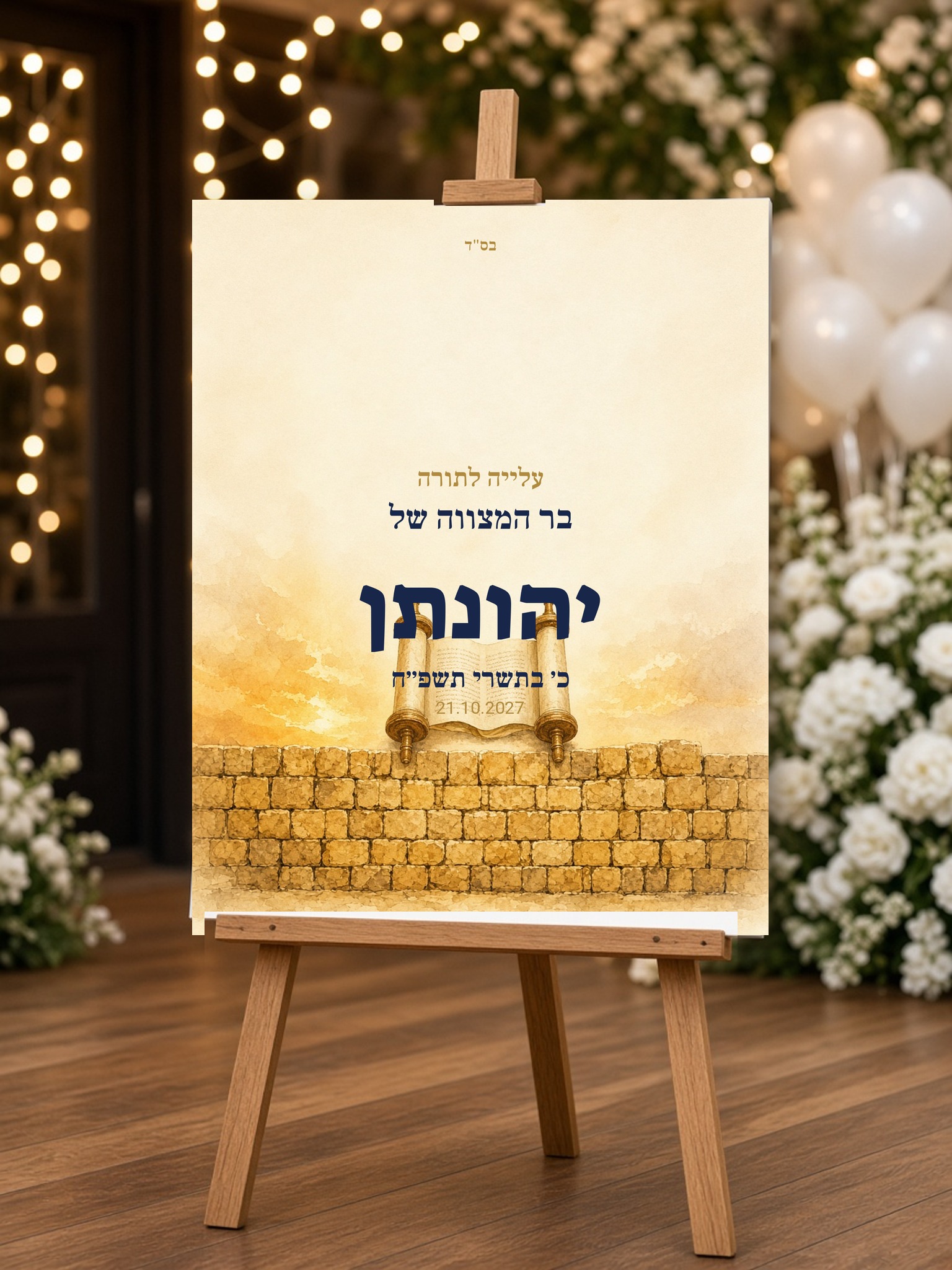 שלט כניסה לבר מצווה על קאפה בעיצוב אישי – הכותל וספר תורה – תמונה 2