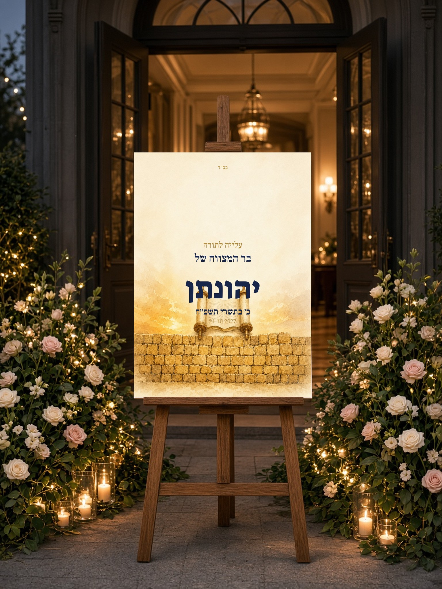 שלט כניסה לבר מצווה על קאפה בעיצוב אישי – הכותל וספר תורה – תמונה 3