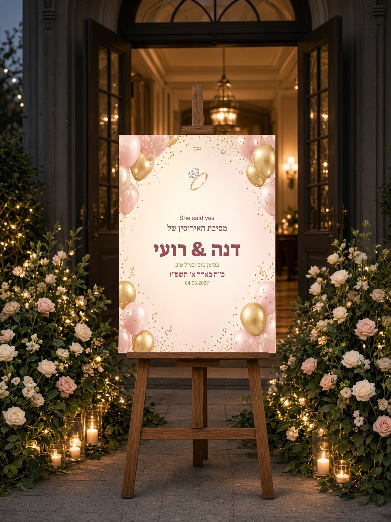 שלט כניסה לאירוסין על קאפה בעיצוב אישי – פרחים ורודים – תמונה 3