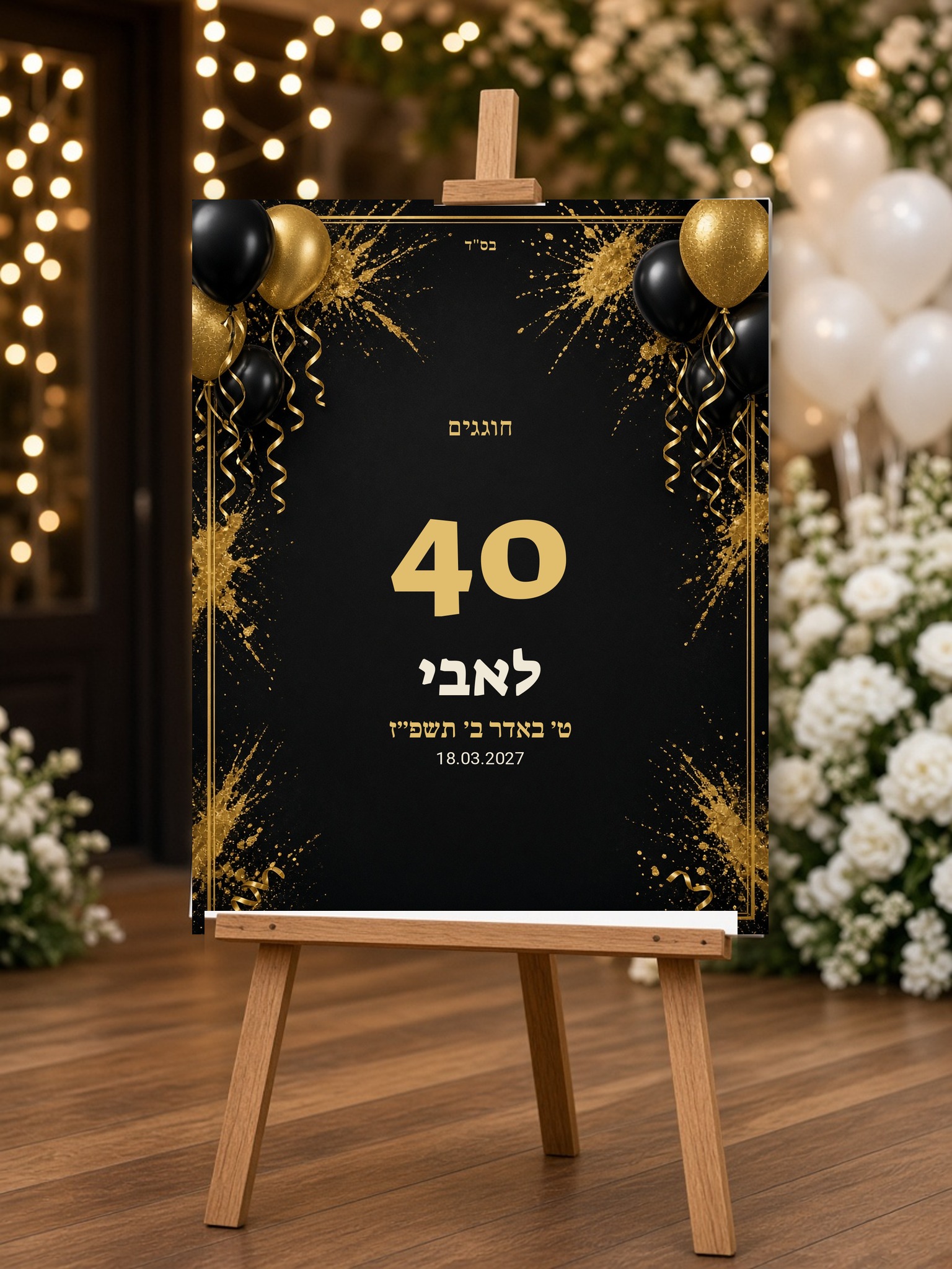 שלט כניסה ליום הולדת 40 על קאפה בעיצוב אישי – שחור זהב – תמונה 2