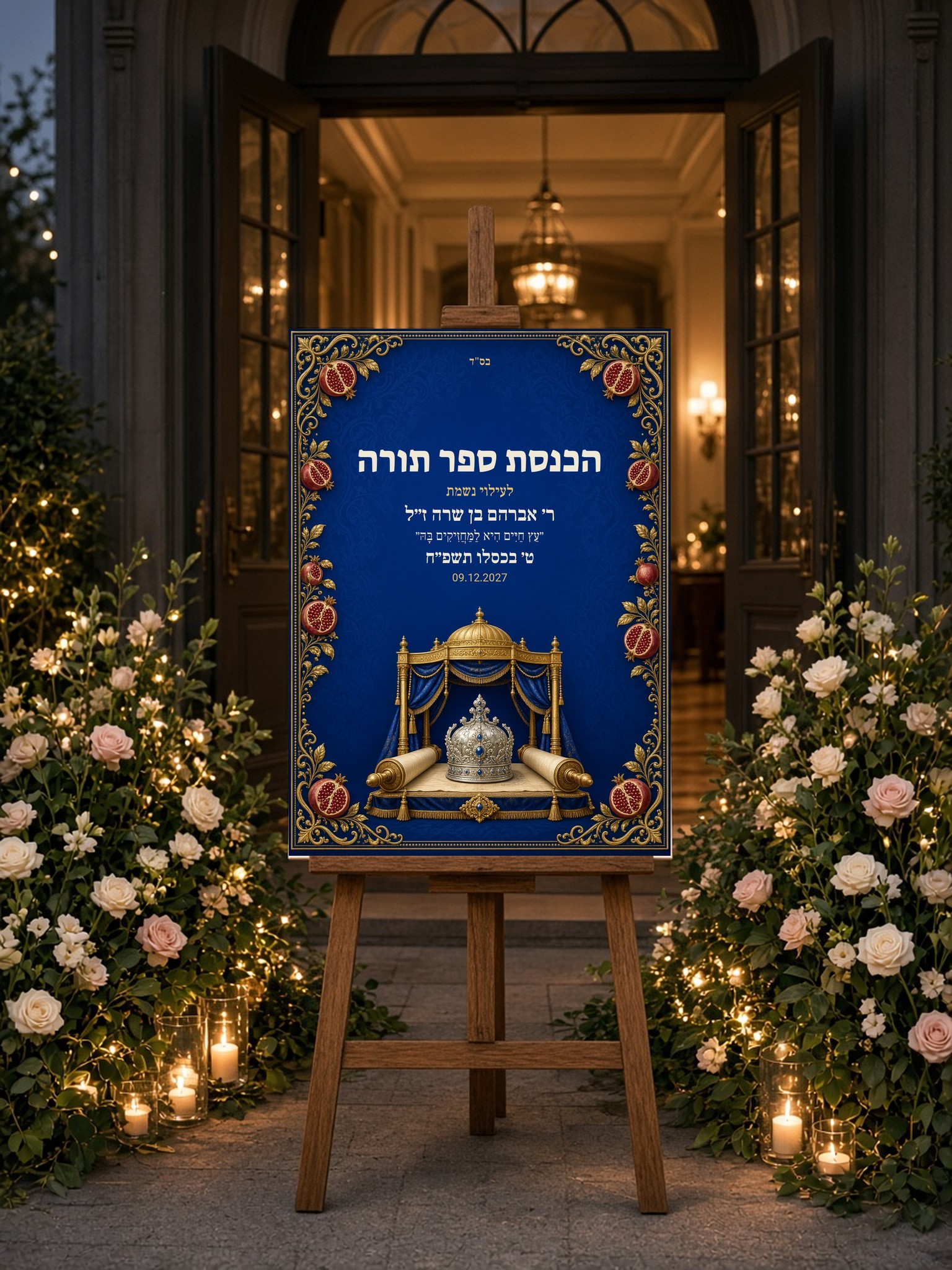 שלט כניסה להכנסת ספר תורה על קאפה בעיצוב אישי – כתר וזהב – תמונה 3