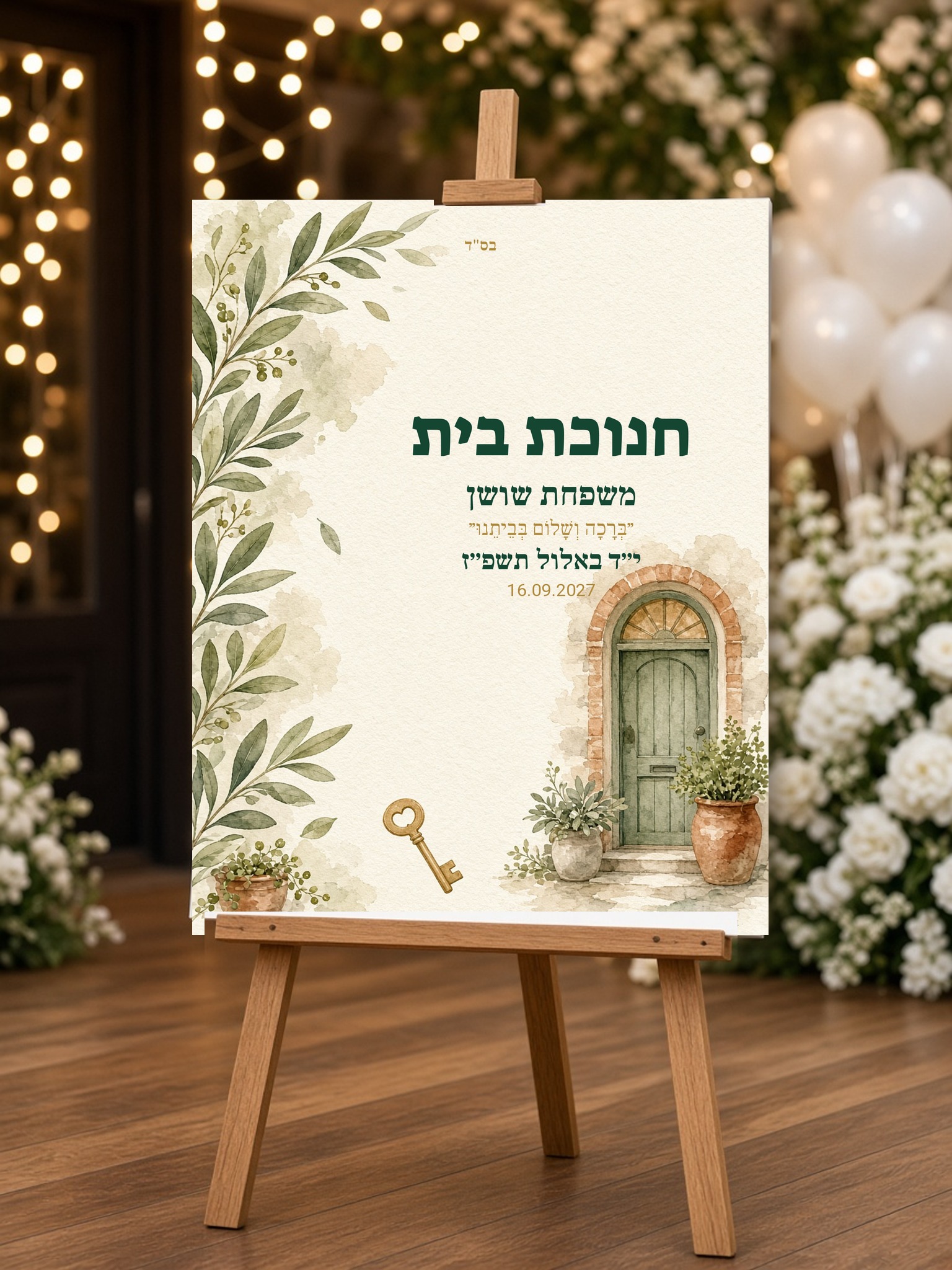 שלט כניסה לחנוכת בית על קאפה בעיצוב אישי – עלים וזהב – תמונה 2