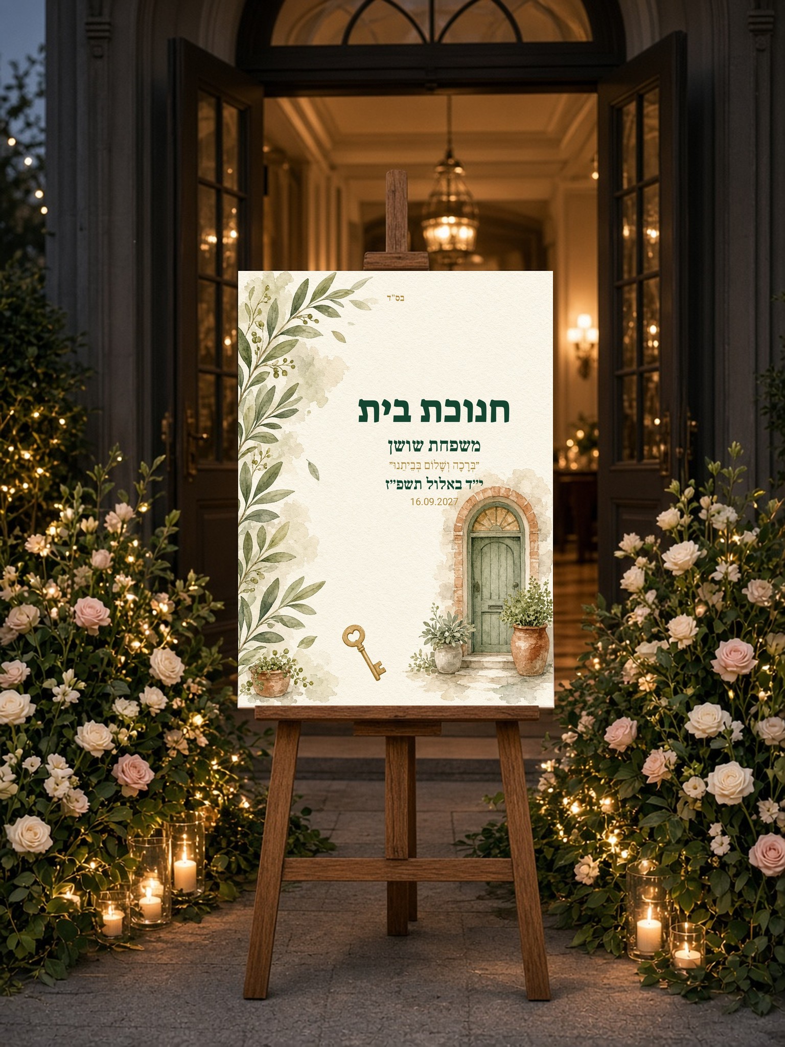 שלט כניסה לחנוכת בית על קאפה בעיצוב אישי – עלים וזהב – תמונה 3