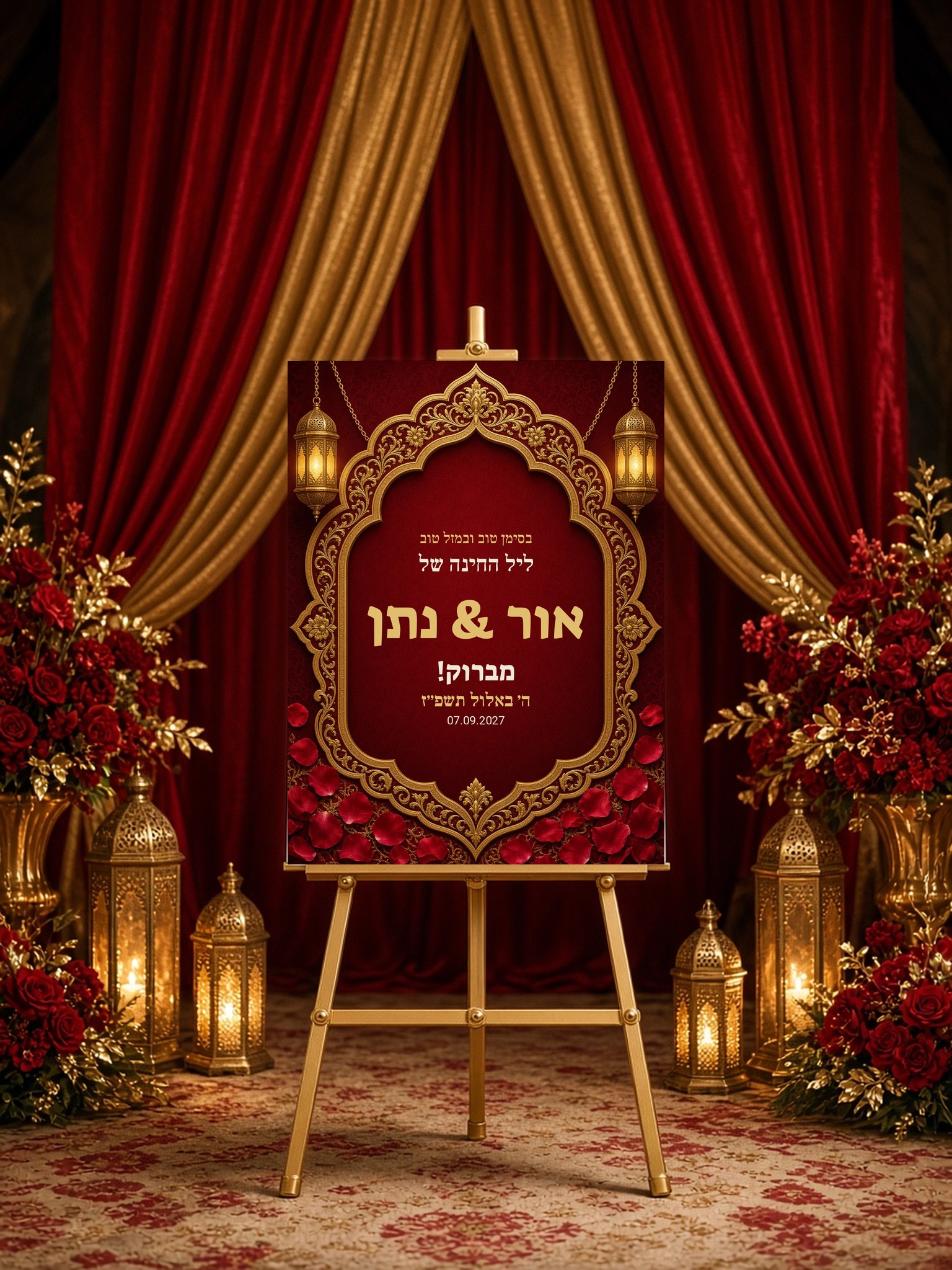שלט כניסה לחינה על קאפה בעיצוב אישי – אדום זהב עם פנסים – תמונה 3