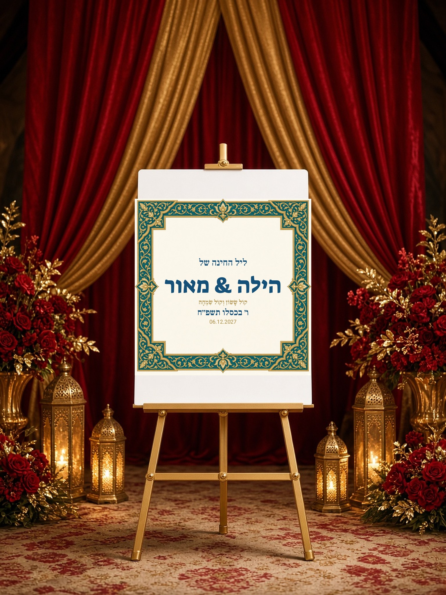 שלט כניסה לחינה על קאפה מרובע בעיצוב אישי – טורקיז זהב – תמונה 3