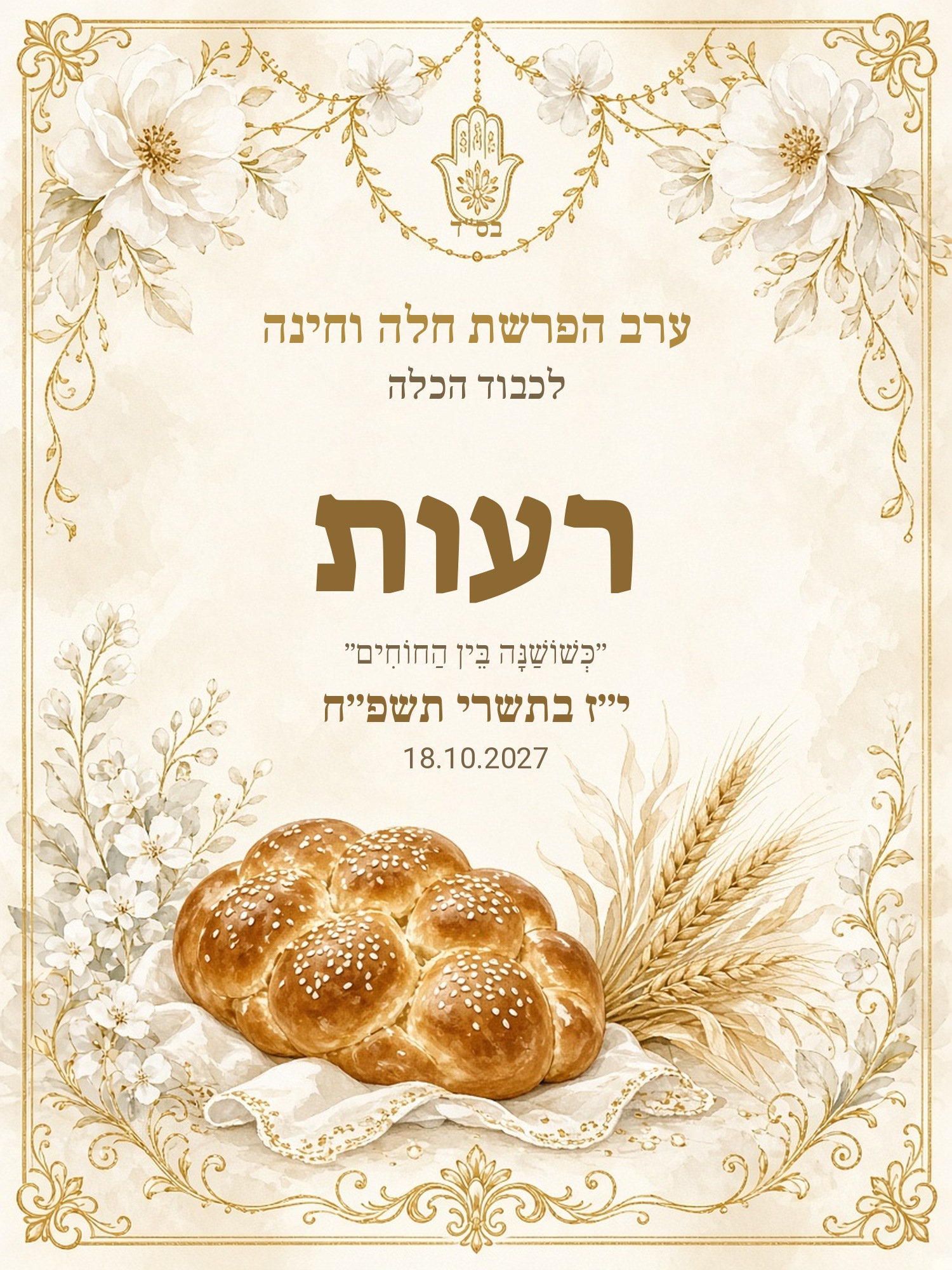 שלט כניסה לחינה והפרשת חלה על קאפה בעיצוב אישי – לבן זהב