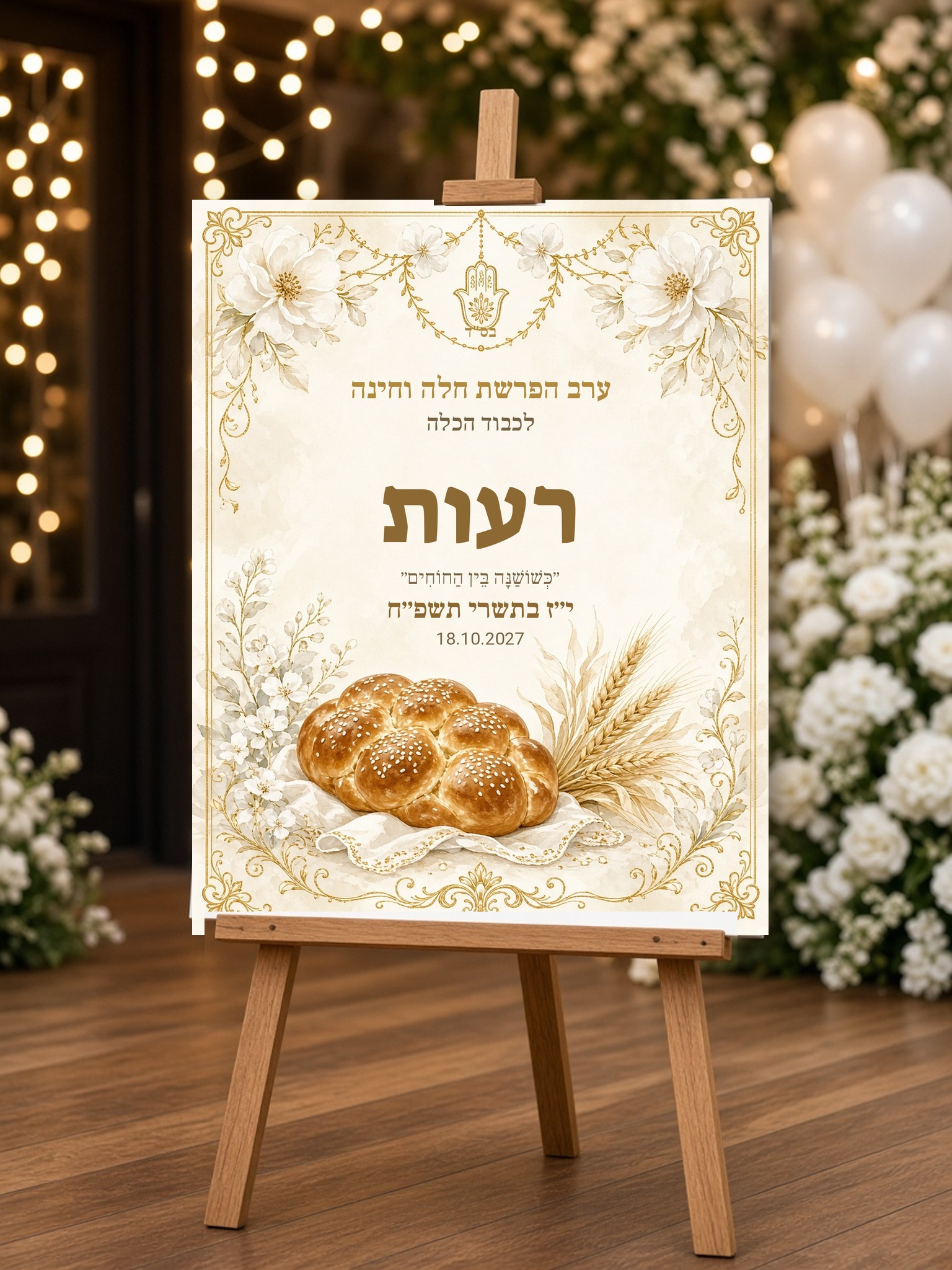 שלט כניסה לחינה והפרשת חלה על קאפה בעיצוב אישי – לבן זהב – תמונה 2