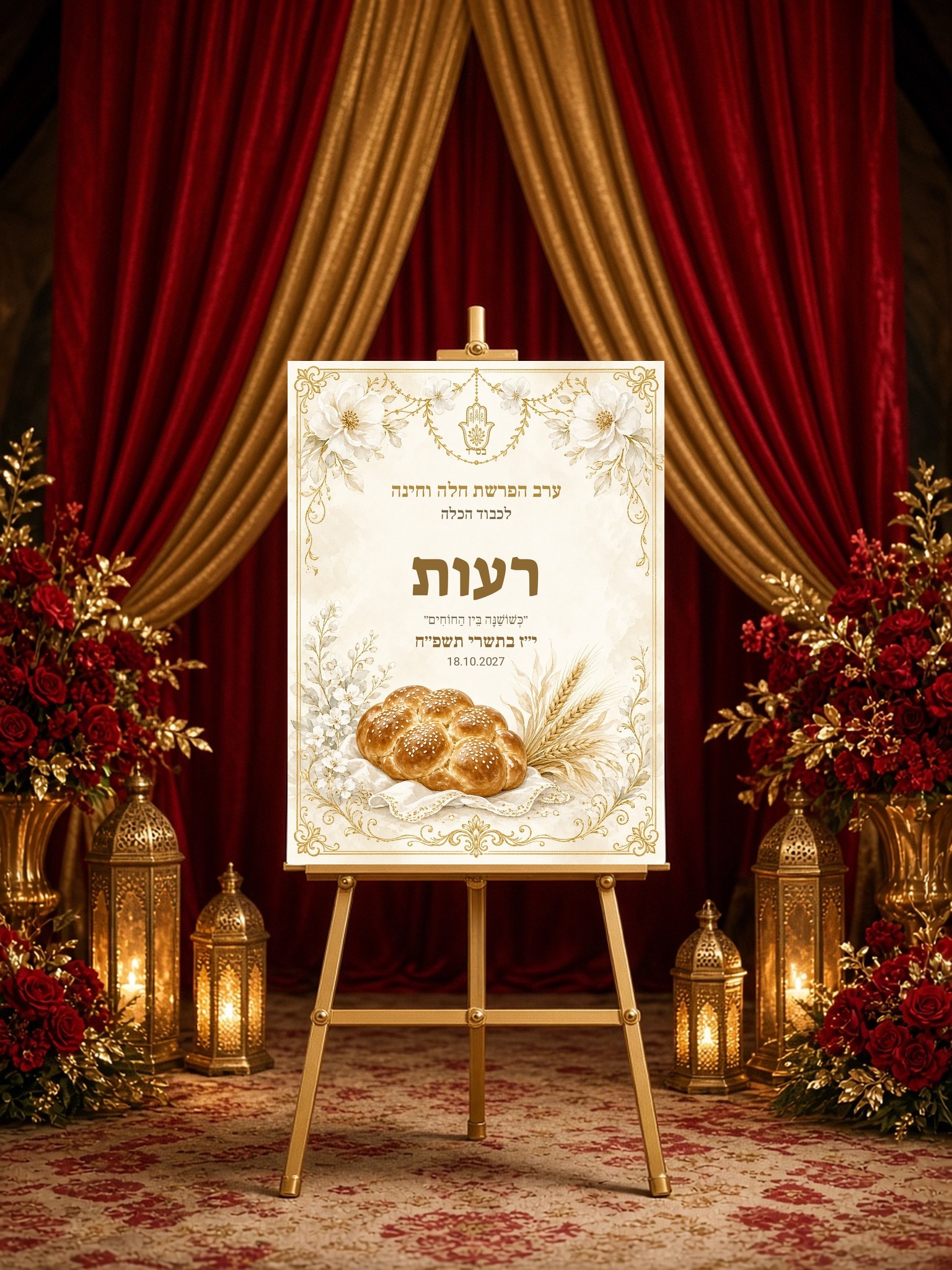 שלט כניסה לחינה והפרשת חלה על קאפה בעיצוב אישי – לבן זהב – תמונה 3
